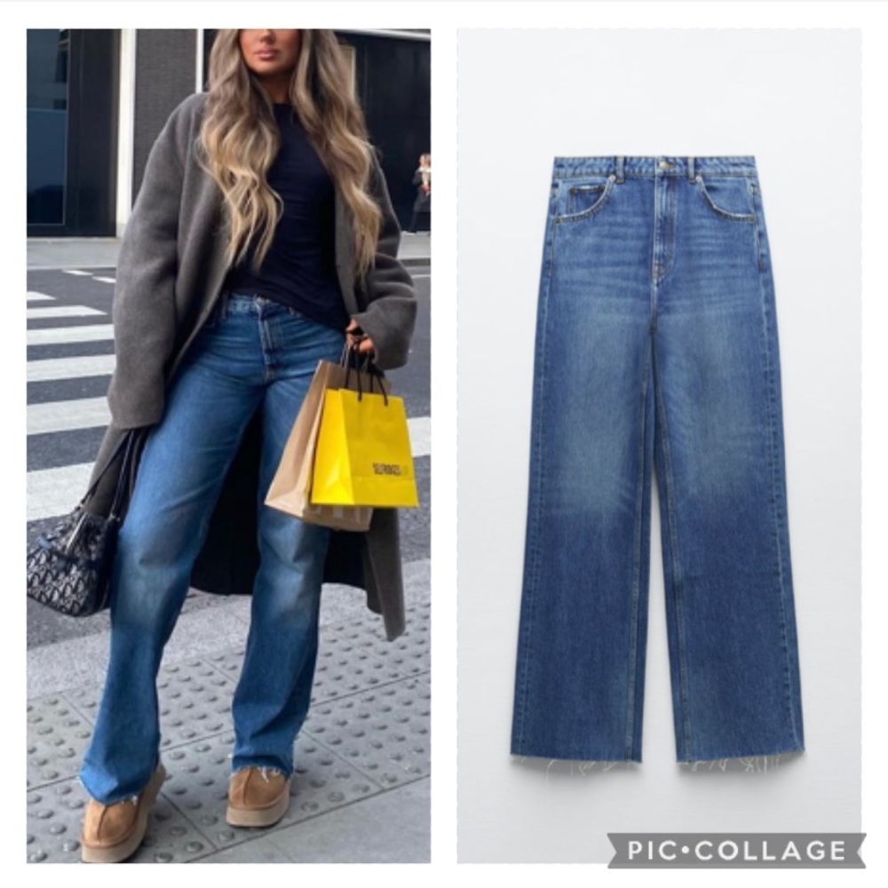 ZARA high rise full length wide leg jeans raw hem blogger favorite